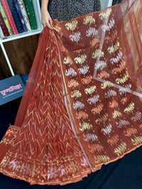 Brown halfsilk jamdani saree with golden silver and copper jori work