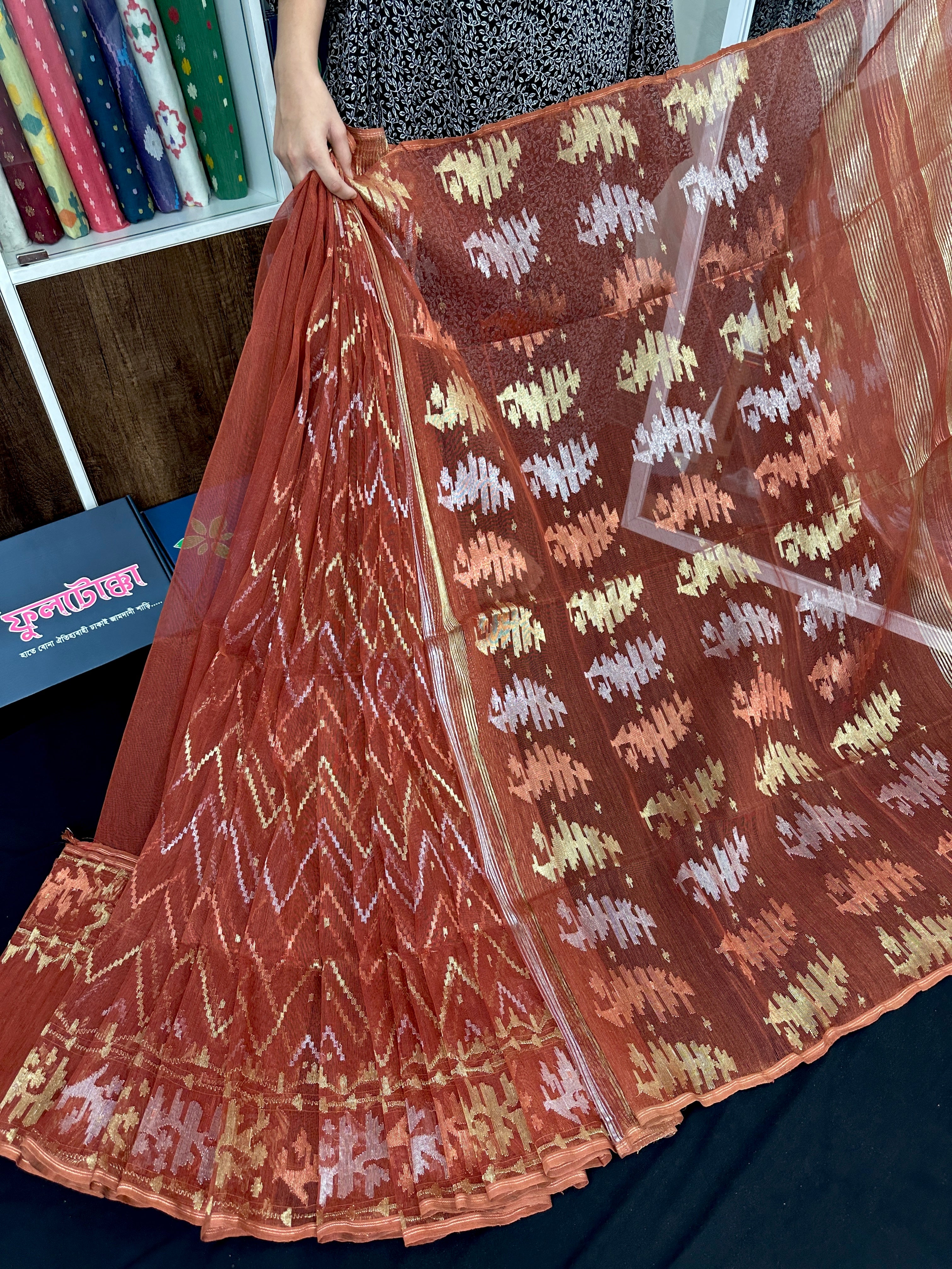 Brown halfsilk jamdani saree with golden silver and copper jori work