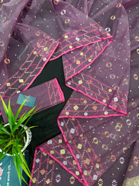 Deep bitrut dual toned jamdani saree with golden silver & copper jori work.