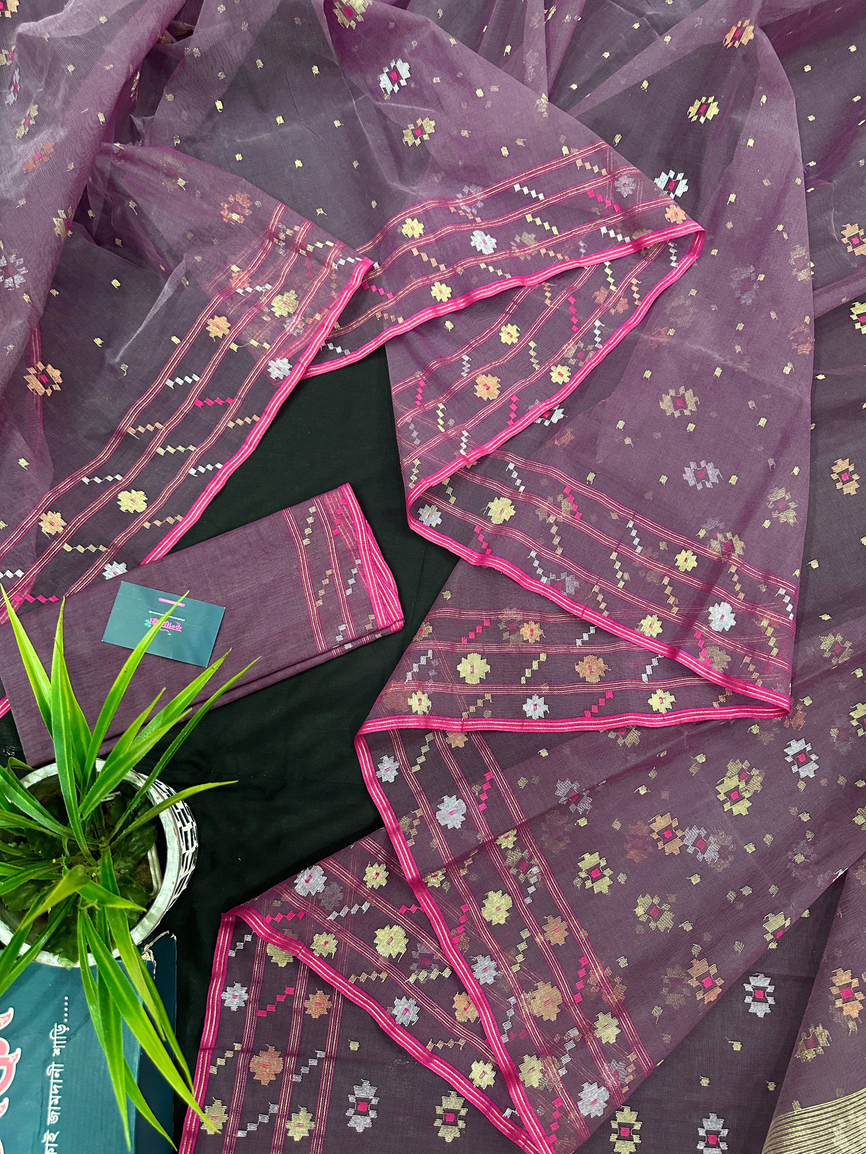 Deep bitrut dual toned jamdani saree with golden silver & copper jori work.