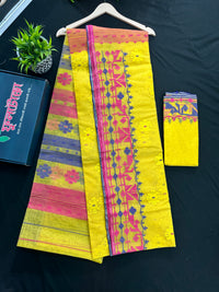 Yellow gonga jamuna design halfsilk jamdani saree with multiple colour threads work