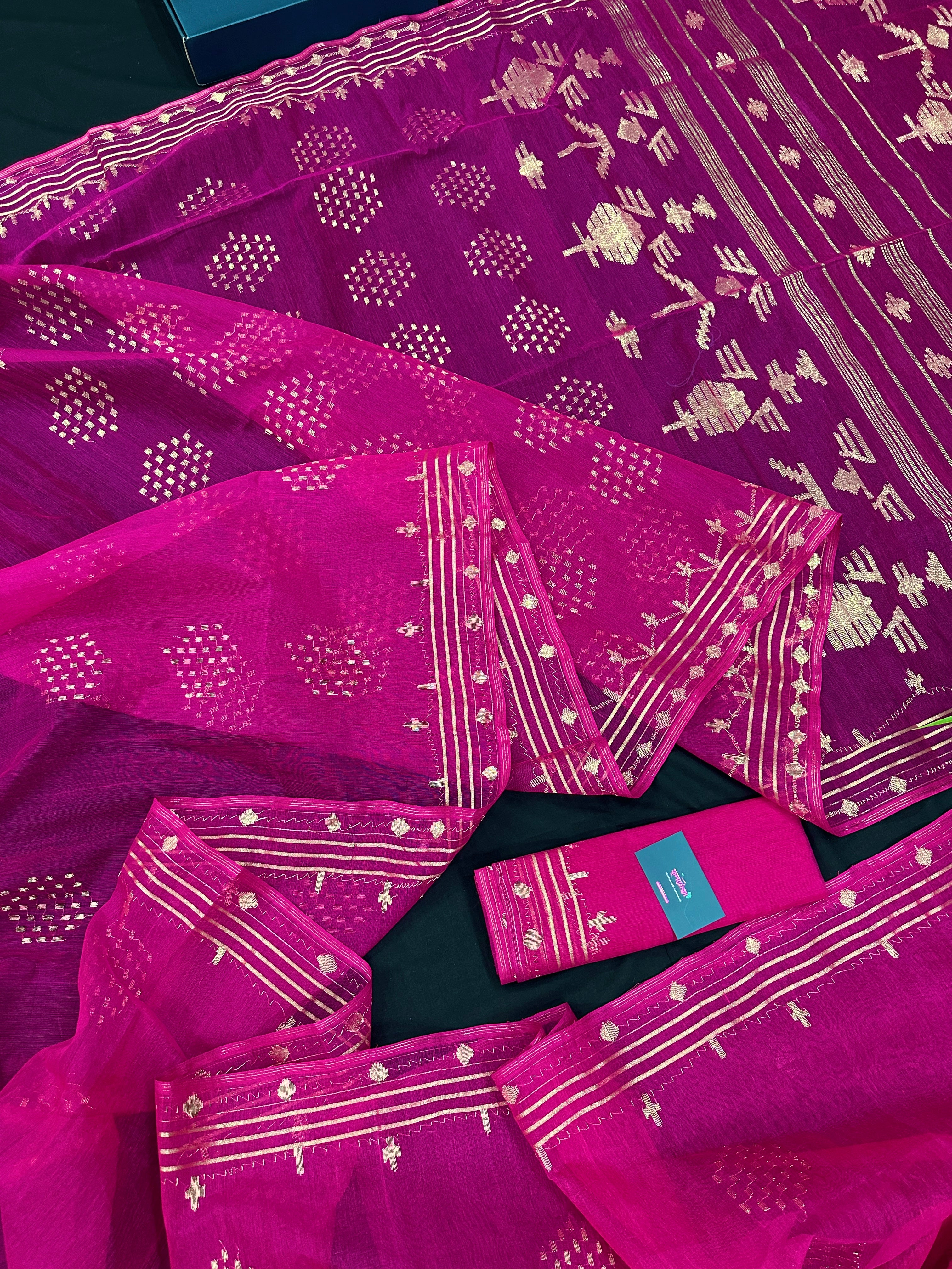 Magenta jamdani saree with golden jori work all over work and blouse piece