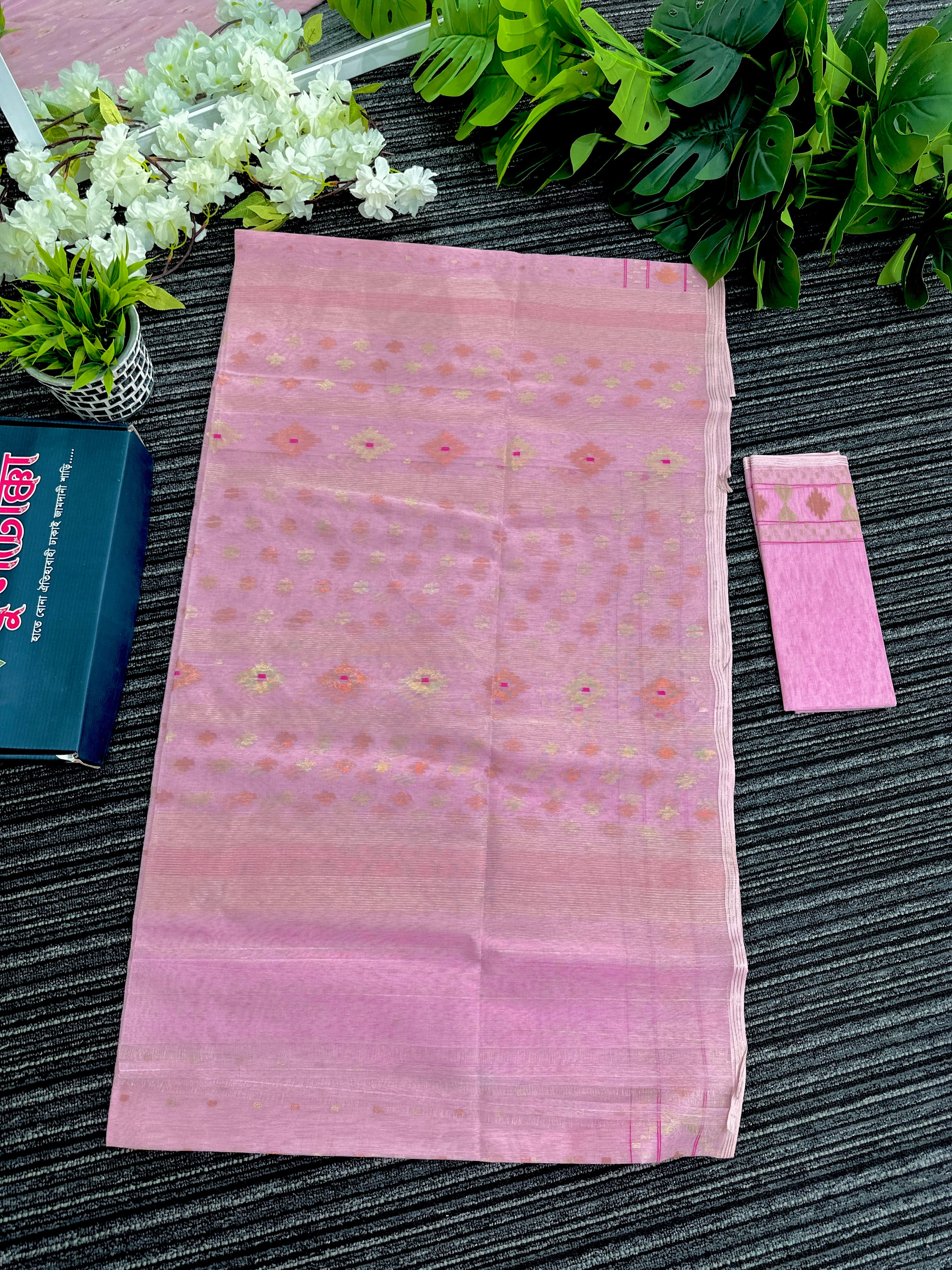 Light pink halfsilk jamdani saree with golden silver and copper jori work