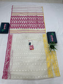 White cotton gonga jamuna design jamdani saree with pink & yellow threads work.