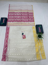 White cotton gonga jamuna design jamdani saree with pink & yellow threads work.