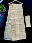 Off white halfsilk jamdani saree with off white threads work and pink meena work