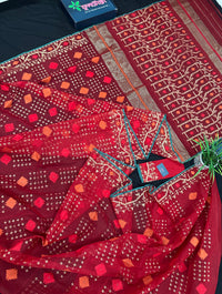 Bridal Red Halfsilk Jamdani Saree With Golden Jori Work & Red Threads work.