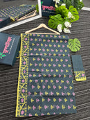 Grey colour jamdani saree with pink yellow threads work