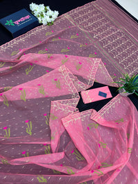 Rosy pink dhakai jamdani saree with golden jori work green thread work and pink flower soft count