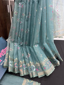 Surma ash halfsilk jamdani saree with golden silver & copper jori work and pink meena work