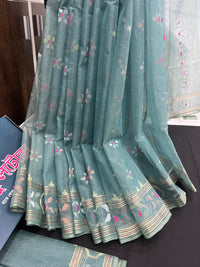 Surma ash halfsilk jamdani saree with golden silver & copper jori work and pink meena work