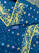 Peacock blue cotton jamdani saree with yellow threads work all over soft count