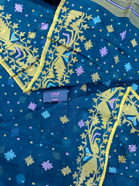 Peacock blue cotton jamdani saree with yellow threads work all over soft count