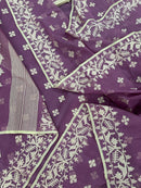 Onion cotton jamdani saree with yellowish threads work all over work.