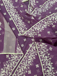 Onion cotton jamdani saree with yellowish threads work all over work.