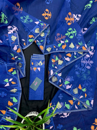 Royal blue jamdani saree with green pink blue orange threads work.