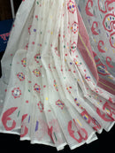 Pure white cotton jamdani saree with red blue green yellow multiple threads work