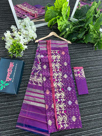 Purple dual toned halfsilk jamdani saree with golden silver & copper jori work