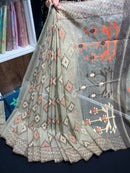 Dark olive halfsilk jamdani saree with orange off white coffe threads work