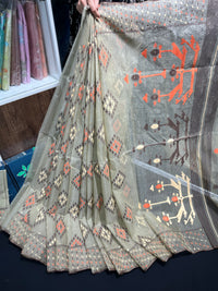 Dark olive halfsilk jamdani saree with orange off white coffe threads work