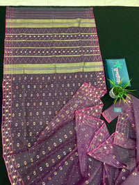 Deep bitrut dual toned jamdani saree with golden silver & copper jori work.