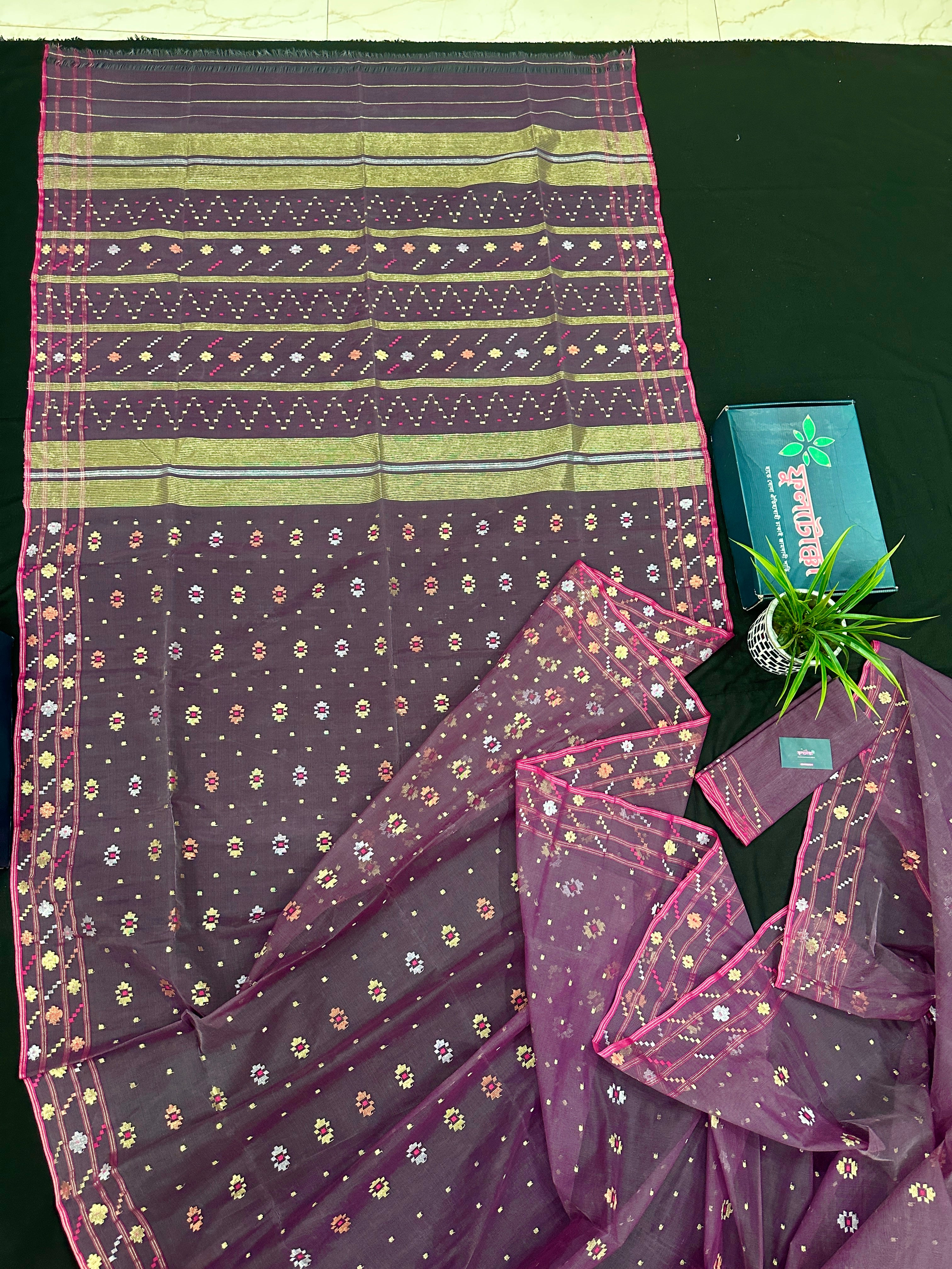 Deep bitrut dual toned jamdani saree with golden silver & copper jori work.
