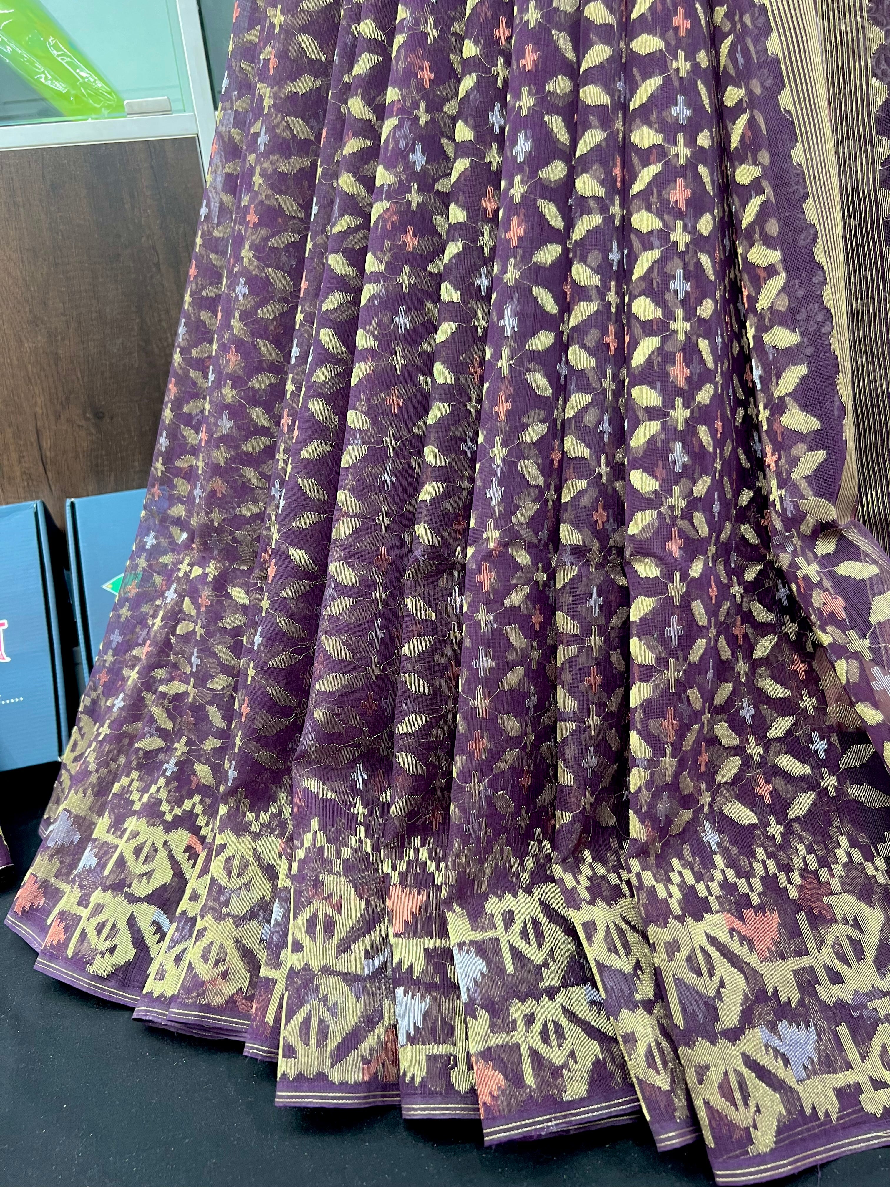 Dark bitrut dual toned exclusive halfsilk jamdani saree with golden silver & copper jori work