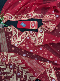 Red jamdani saree with golden jori all over work with blouse piece.