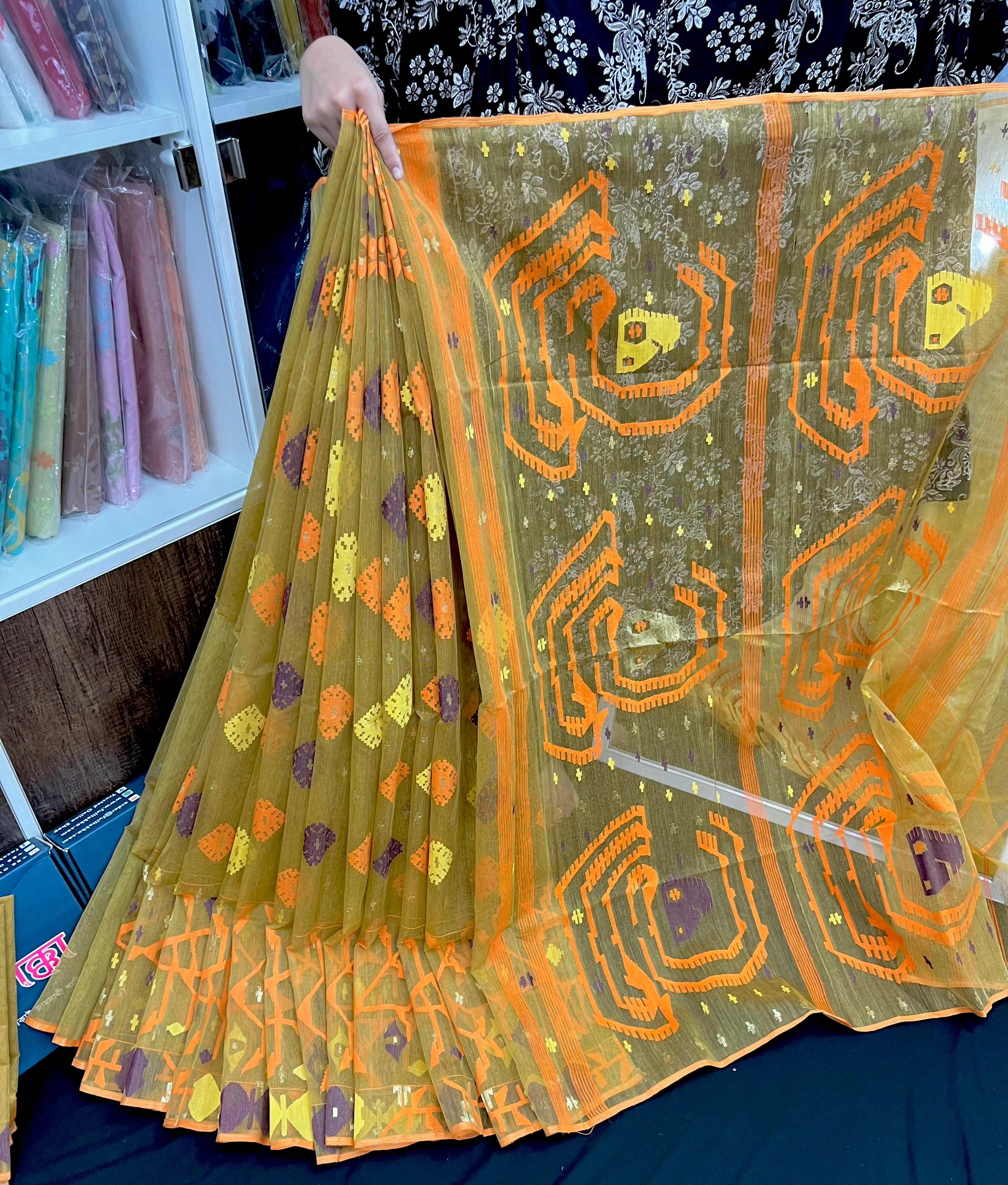 Olive exclusive halfsilk jamdani saree with yellow orange blue pink threads work