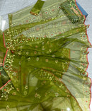 Olive green halfsilk handloom jamdani saree with golden silver & copper jori work