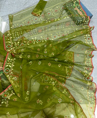 Olive green halfsilk handloom jamdani saree with golden silver & copper jori work