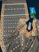 Peanut Brown dhakai jamdani saree with orange threads work & golden jori work all over soft count.