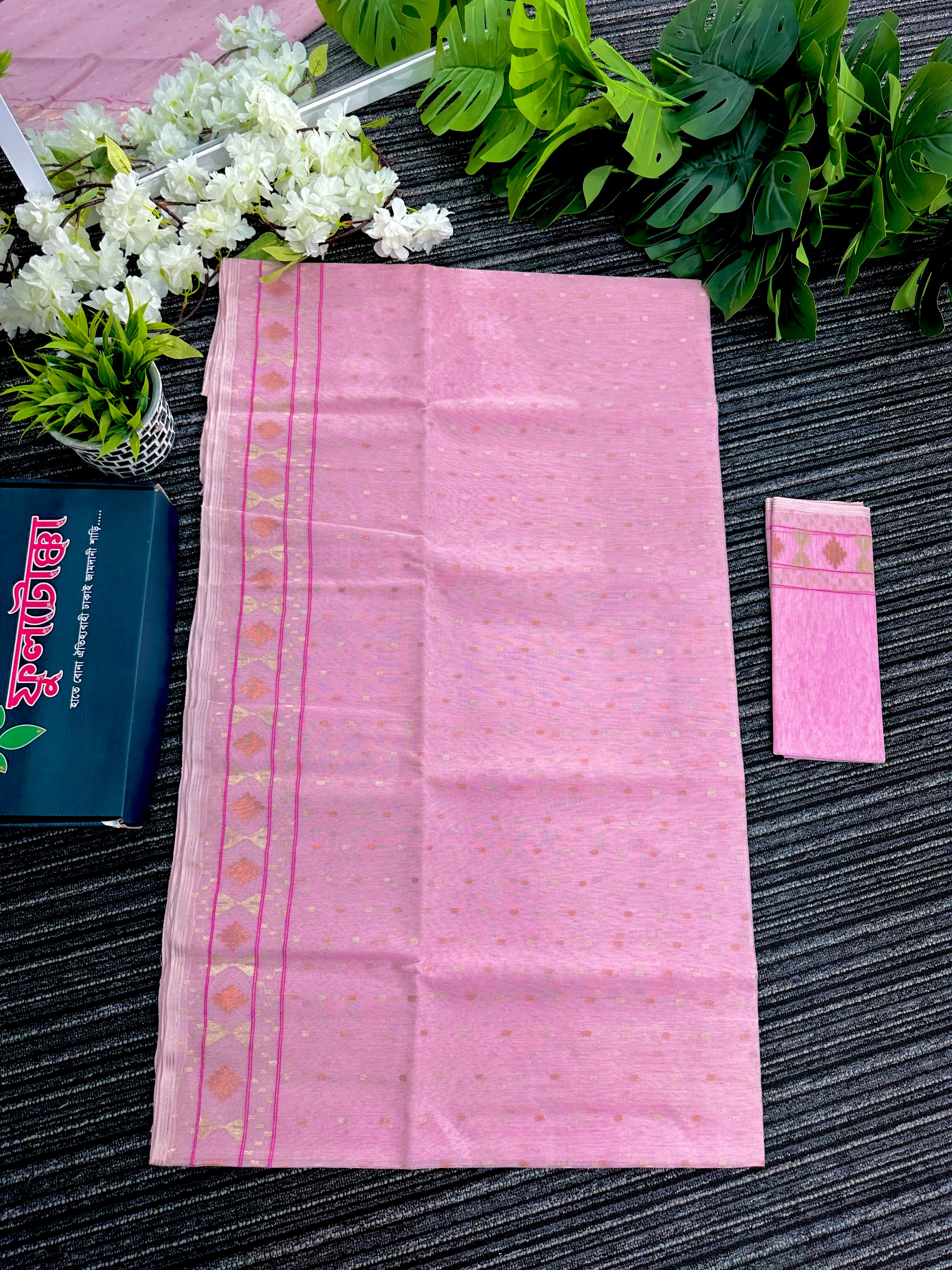 Light pink halfsilk jamdani saree with golden silver and copper jori work