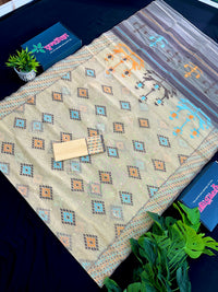 Beige Golden halfsilk jamdani saree with black orange blue threads work