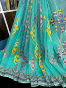 Turquoise blue exclusive halfsilk jamdani saree with yellow pink purple golden threads work