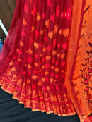 Maroon red jamdani saree with orange and red threads work