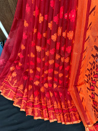 Maroon red jamdani saree with orange and red threads work