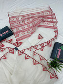 White Jamdani Saree With Red Paar.