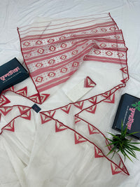 White Jamdani Saree With Red Paar.