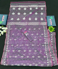 Dual Toned Original Handloom Halfsilk Dhakai Jamdani Saree With Silver Jori Work