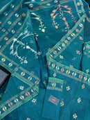Sea green budget range jamdani saree with golden silver & copper jori work.