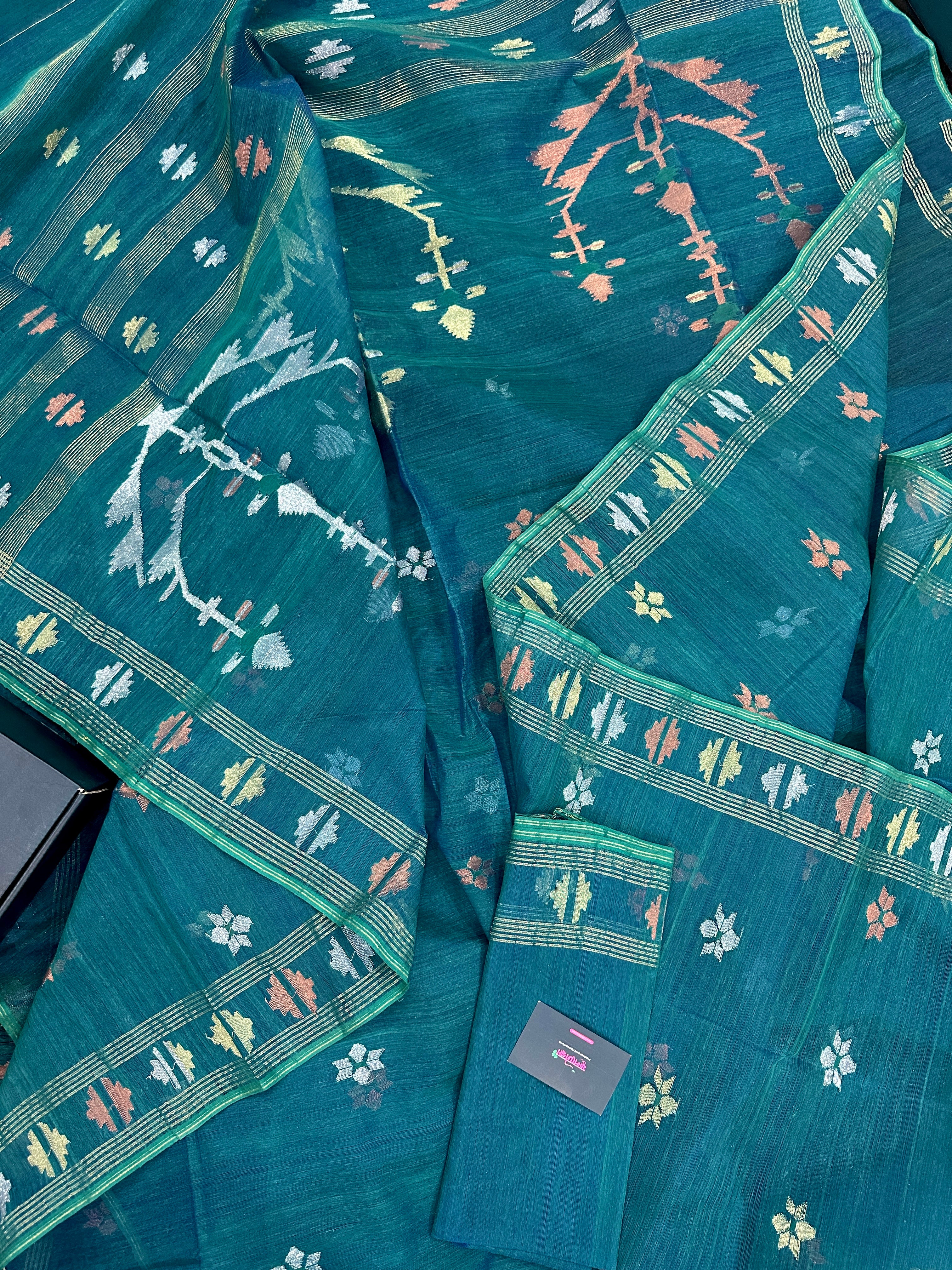 Sea green budget range jamdani saree with golden silver & copper jori work.