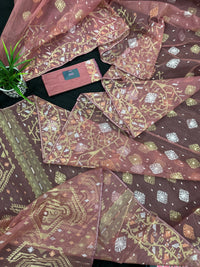 Nude Onion Exclusive Dhakai Jamdani saree with golden silver & copper jori work.