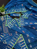 Sea blue dhakai jamdani saree with golden silver & copper jori work soft count.