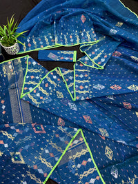 Sea blue dhakai jamdani saree with golden silver & copper jori work soft count.
