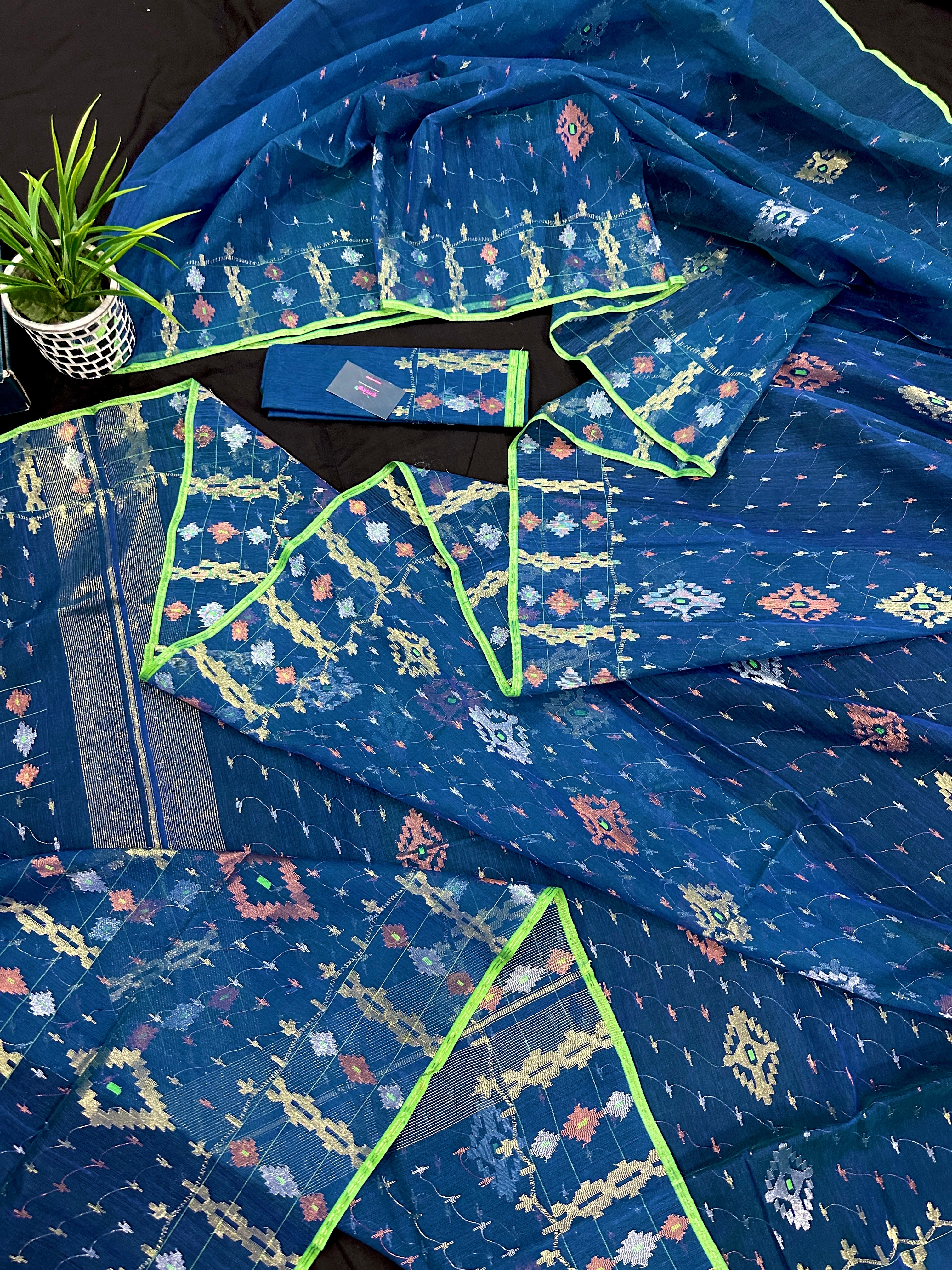 Sea blue dhakai jamdani saree with golden silver & copper jori work soft count.