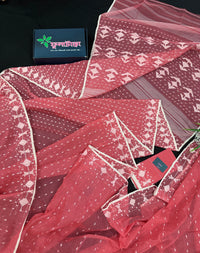 Sweet pink cotton jamdani saree with white threads work and blouse piece.