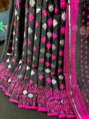 Black cotton jamdani saree with magenta threads work and silver jori work