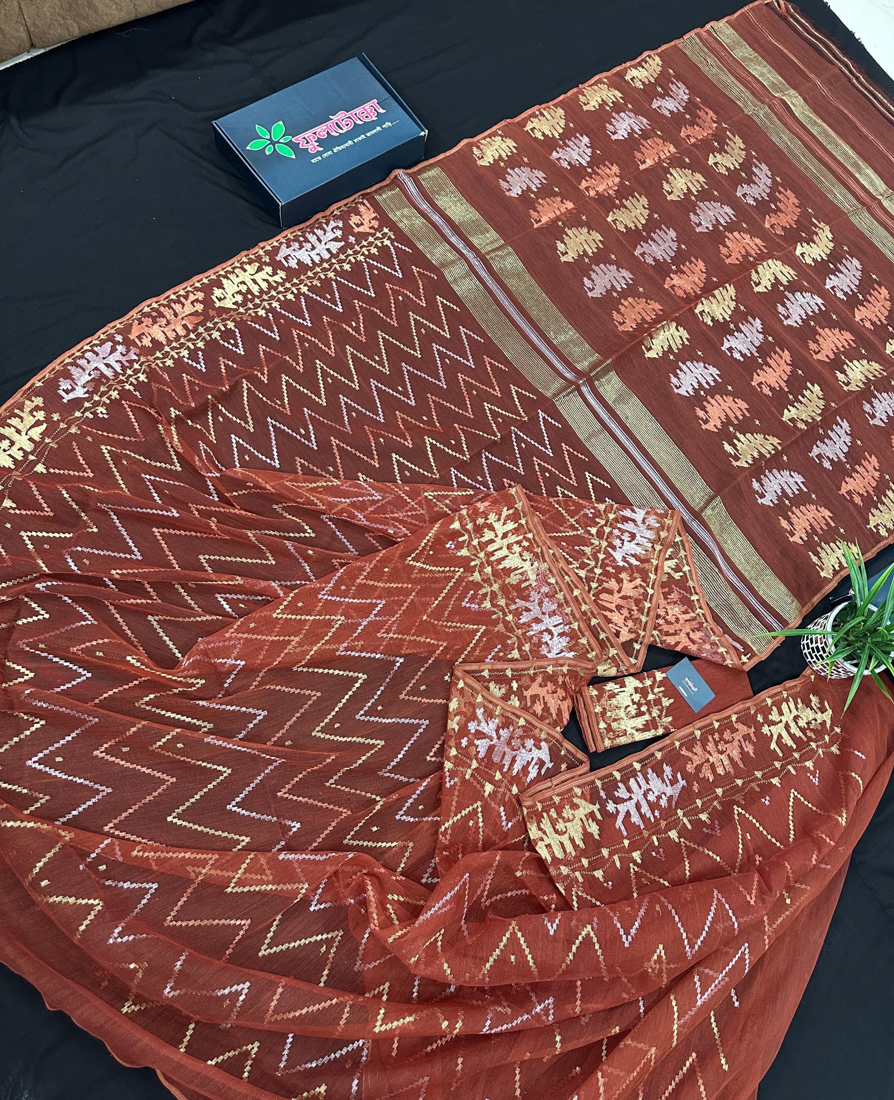 Brown reshom halfsilk jamdani saree with golden silver & copper jori work.