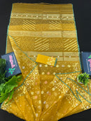 Yellow Original Handloom Dhakai Jamdani With Golden Silver & Copper Jori Work